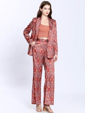 SEE U SOON Women’s Printed Blazer Brick Red Geometric Pattern Size Small NWT